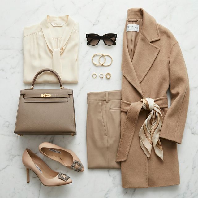 Colección de ropa esencial: blusa, abrigo, accesorios y zapatos elegantes