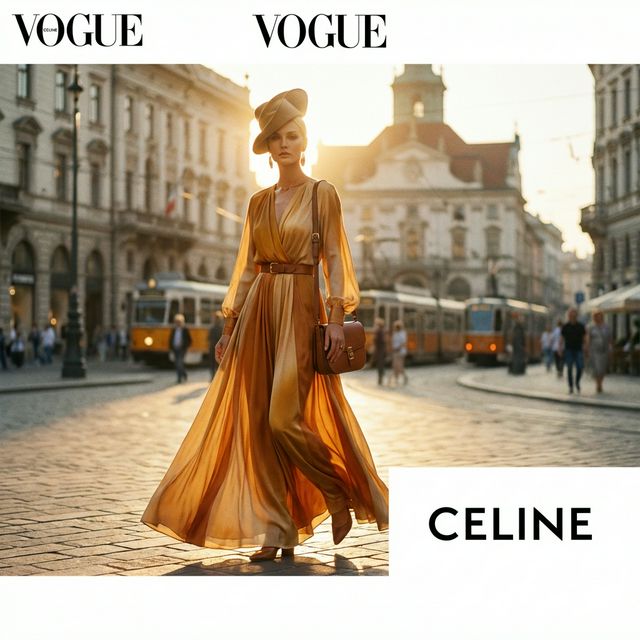 Moda elegante — Mujer con vestido dorado en la ciudad al atardecer